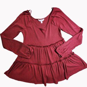 Lauren Conrad Womens Size XS Burgundy Long Sleeve Tiered Peplum Top Very Soft